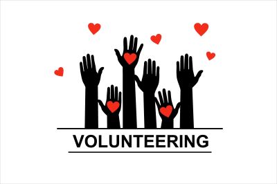 Black hands reaching upwards surrounded by hearts, all above the word volunteering