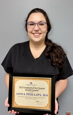 Pictured is Copiah County Medical Center (CCMC) Surgery Nurse Anna Phillips, RN, who is the CCMC Employee of the Quarter for the second quarter of 2020. Phillips received the award in recognition and appreciation for her commitment to excellence and quality patient care, while ensuring the goals and mission of the hospital are continuously being met and exceeded.Pictured is Copiah County Medical Center (CCMC) Surgery Nurse Anna Phillips, RN, who is the CCMC Employee of the Quarter for the second quarter of 2020. Phillips received the award in recognition and appreciation for her commitment to excellence and quality patient care, while ensuring the goals and mission of the hospital are continuously being met and exceeded.